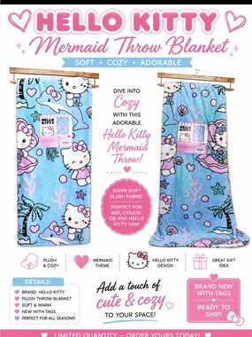 Hello Kitty Light Blue Mermaid Plush Throw Blanket